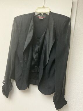 Black tuxedo vest jacket padded sleeves vintage sheer size 8 Jr Nites Usa made